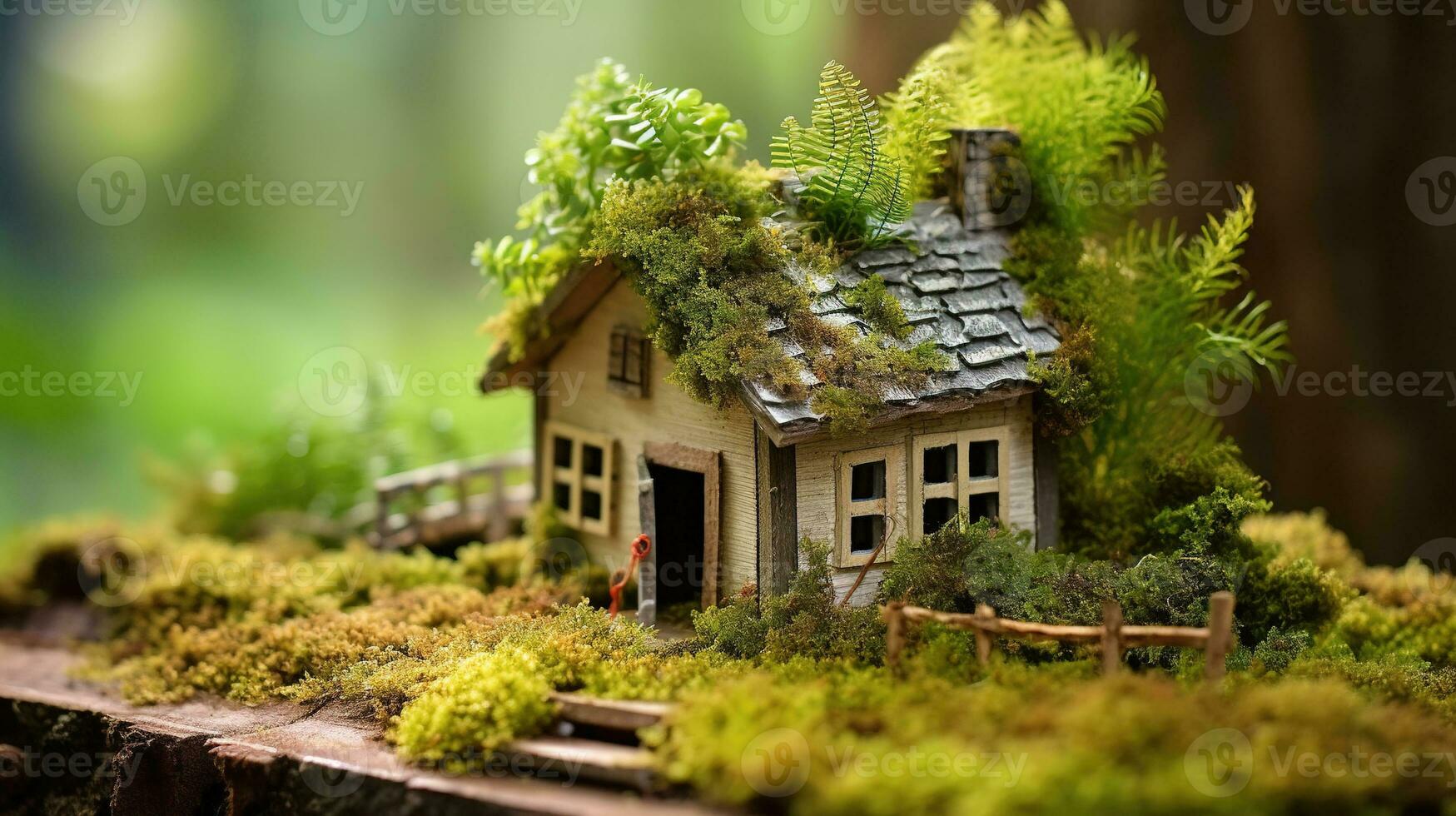 A charming miniature wooden house in spring grass, surrounded by lush moss and vibrant ferns. sunny day, natural beauty. AI Generated photo