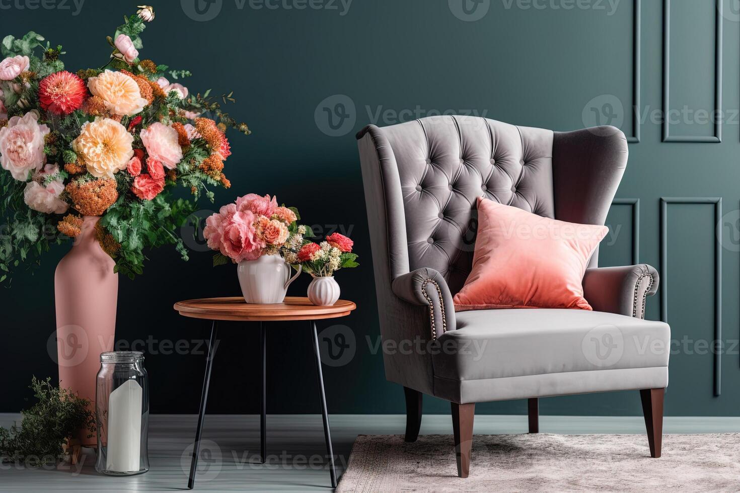 Interior of a stylish living room adorned with an inviting armchair and a beautiful vase filled with fresh flowers. photo
