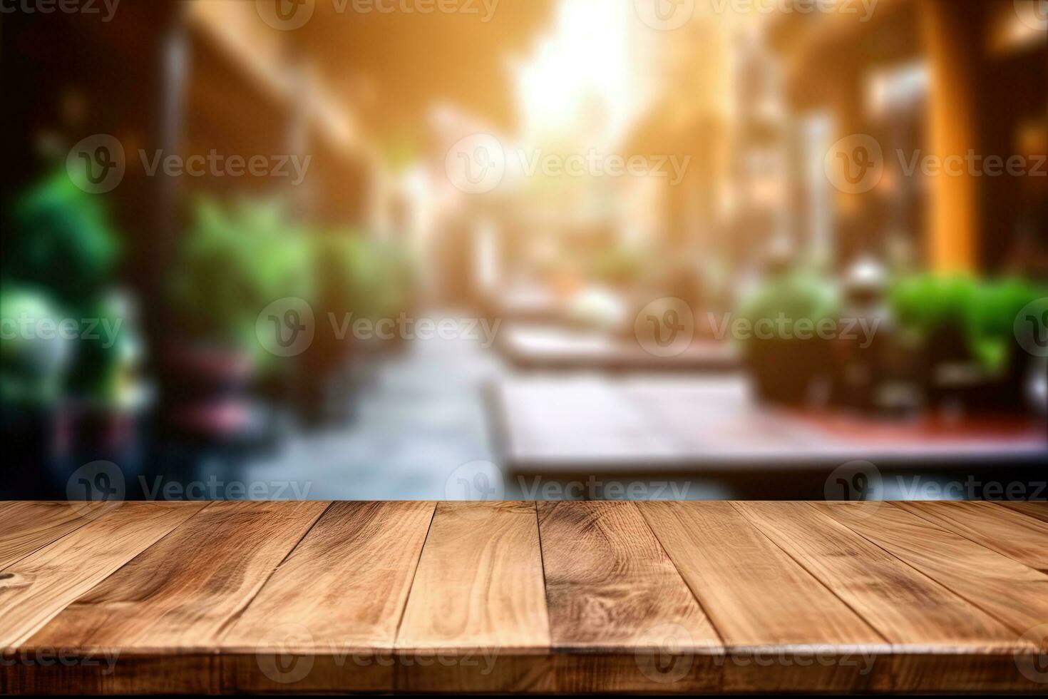 Empty wooden table and blurred cafe background for product display. AI Generated photo