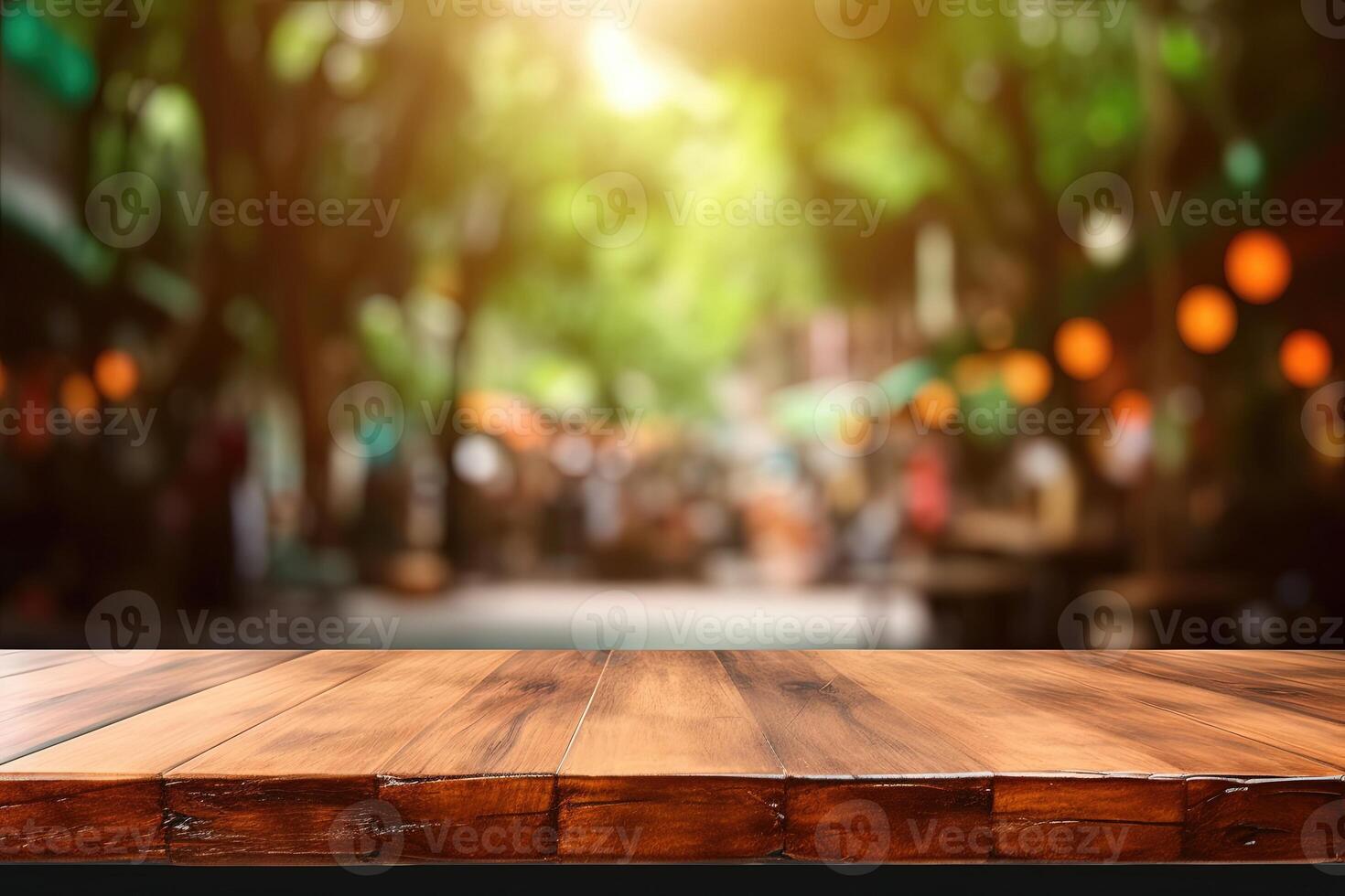 Empty wooden table and blurred cafe background for product display. photo