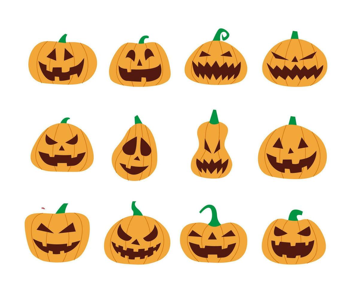 Set of Halloween scary pumpkins flat style vector illustration
