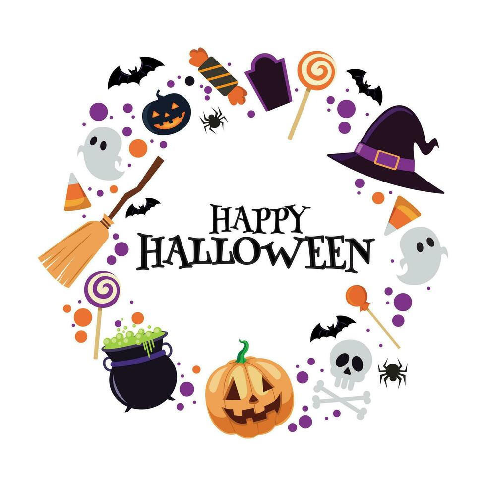 Halloween holiday banner design with candy corn, bat, pumpkin vector illustration
