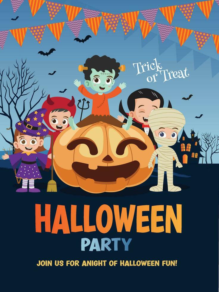 Halloween Party poster design with  funny character such as zombie, dracula, mummy, wizard vector illustration