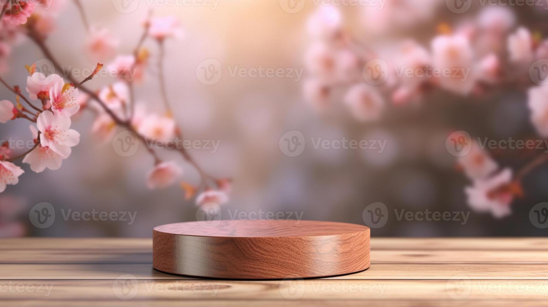 An empty wooden table top, designed for product display, set against a backdrop of blooming spring cherry blossoms Background. photo