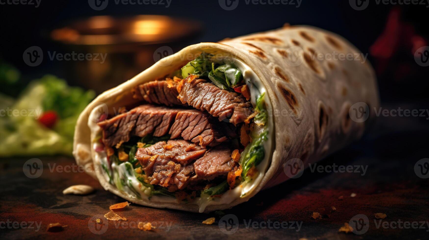 Hot fresh grilled donner or shawarma beef wrap roll, ready to serve and eat. photo