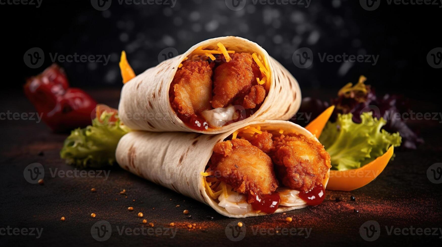 Deliciously hot and flavorful chicken tender wrap roll with flying ingredients and spices, ready to be served and enjoyed. AI Generated photo