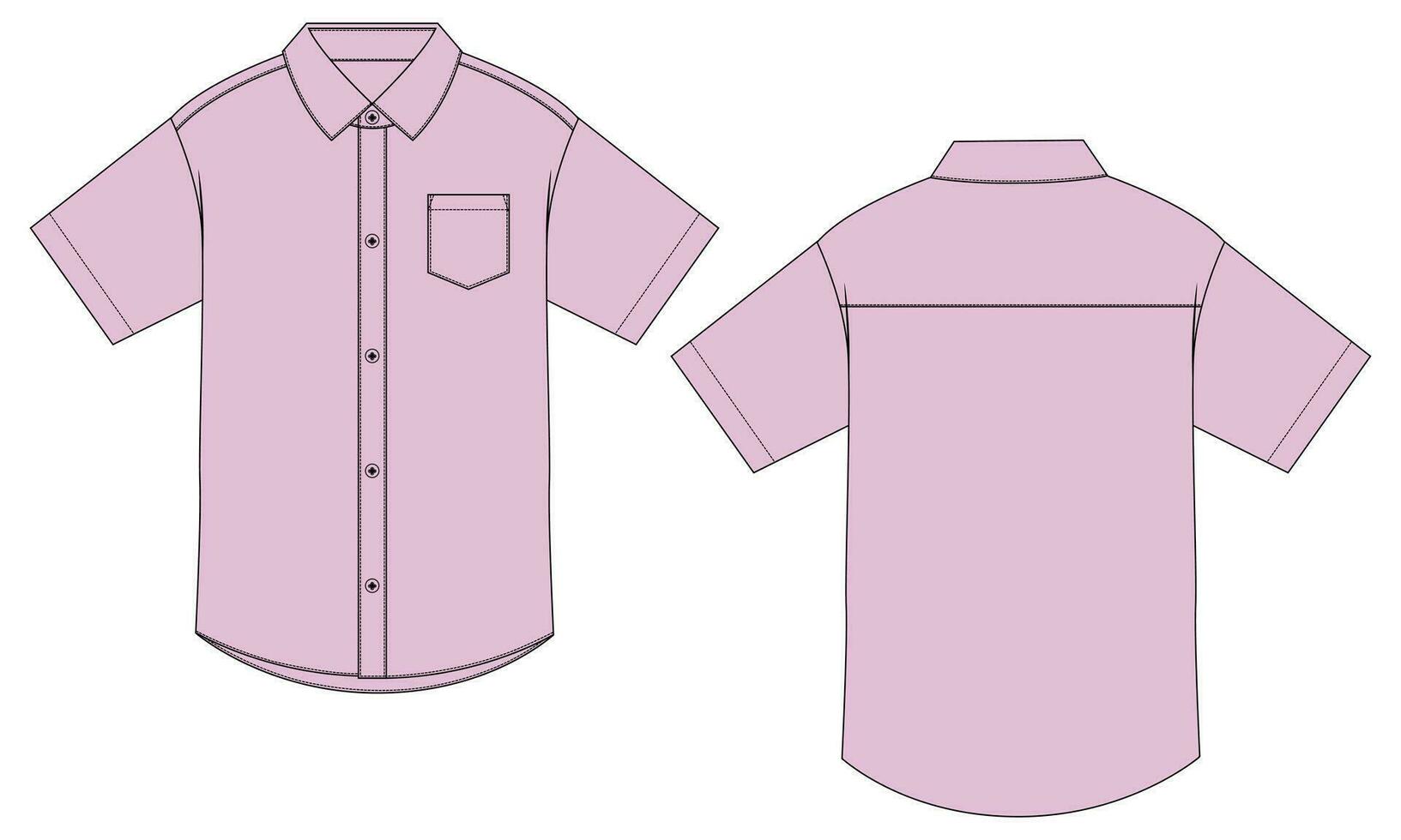 Short sleeve woven fabric shirt technical drawing fashion flat sketch vector illustration template front and back