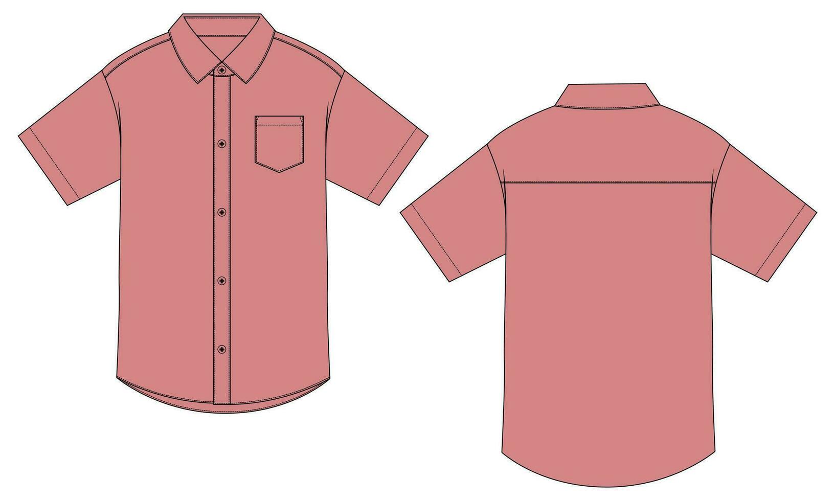Short sleeve woven fabric shirt technical drawing fashion flat sketch vector illustration template front and back