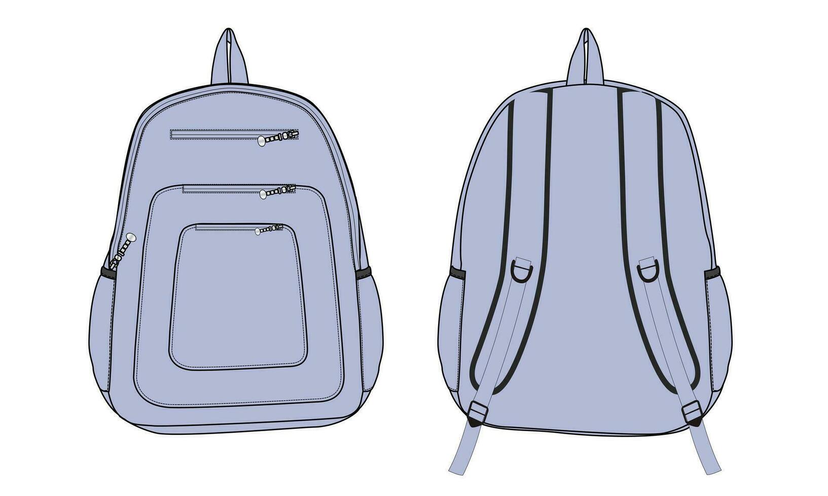 Back pack technical drawing fashion flat sketch vector illustration template front and back views
