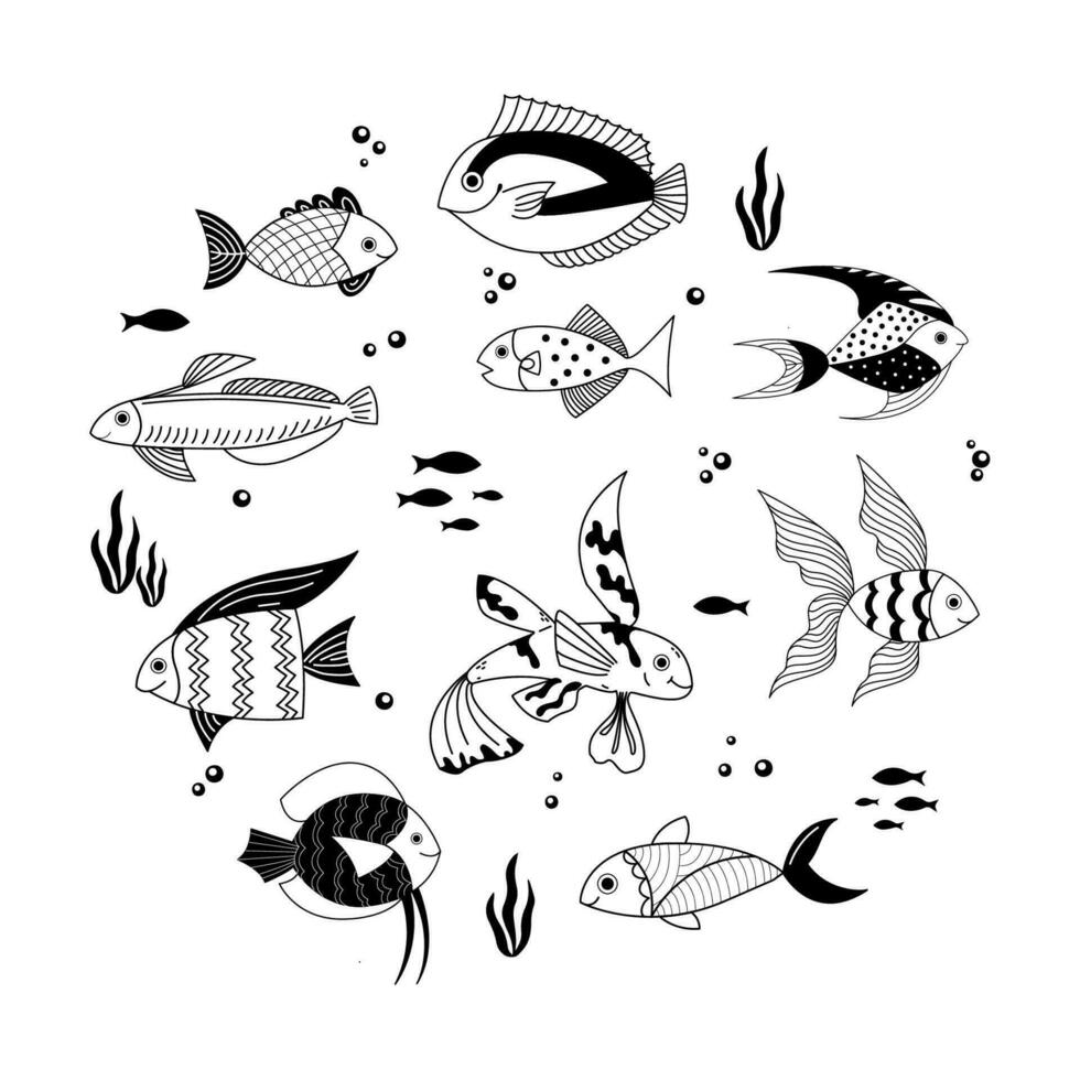 Collection of black and white hand drawn fish vector