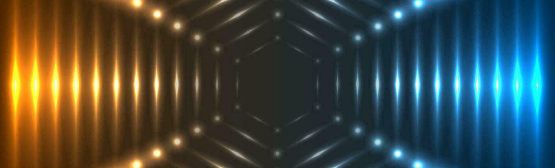 Blue orange glowing neon tech hexagons abstract background vector