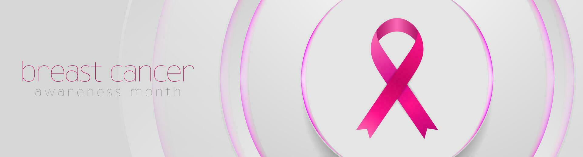 Breast cancer awareness month. Neon circles background and pink ribbon tape vector