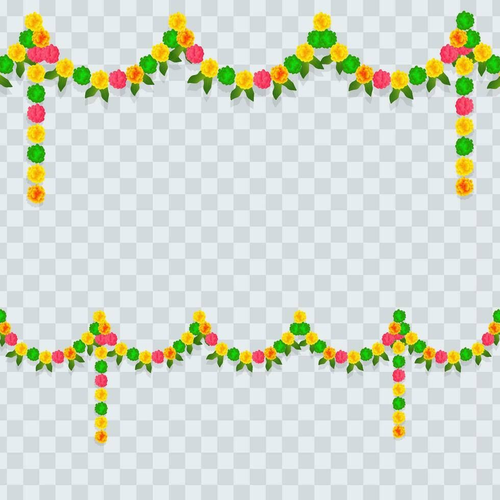 Indian floral garland with flowers and mango leaves on background. Ugadi, Diwali, Ganesha festival pooja, wedding events, decorations. vector