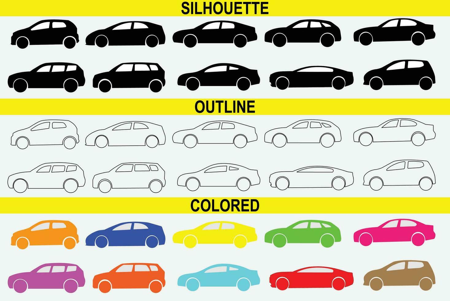set of cars icons,silhouette car, outline car, colored car vector