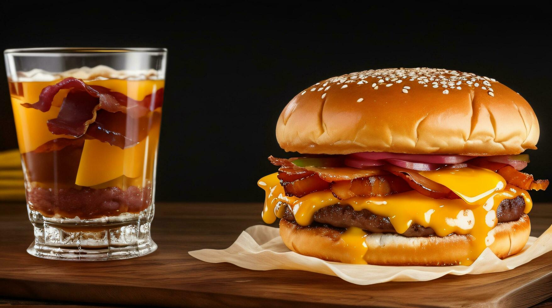 foto de un delicioso triple carne hamburguesa con tocino y amarillo queso fuego en antecedentes