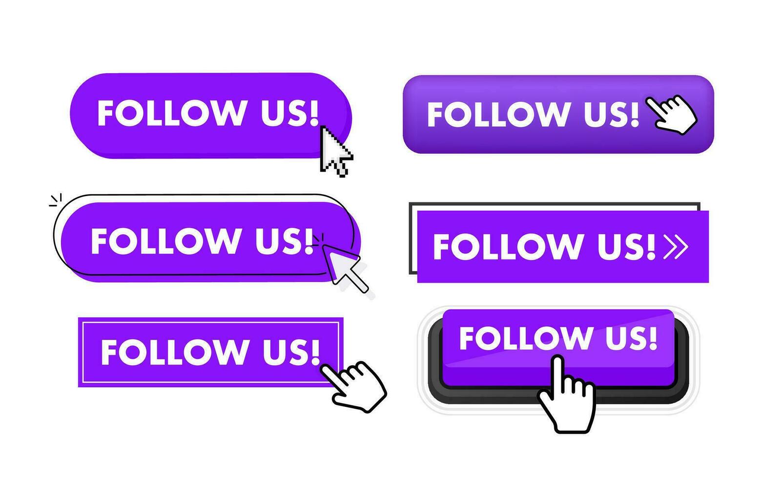 Set of Follow us button. Hand pointer clicking. Follow us web buttons vector