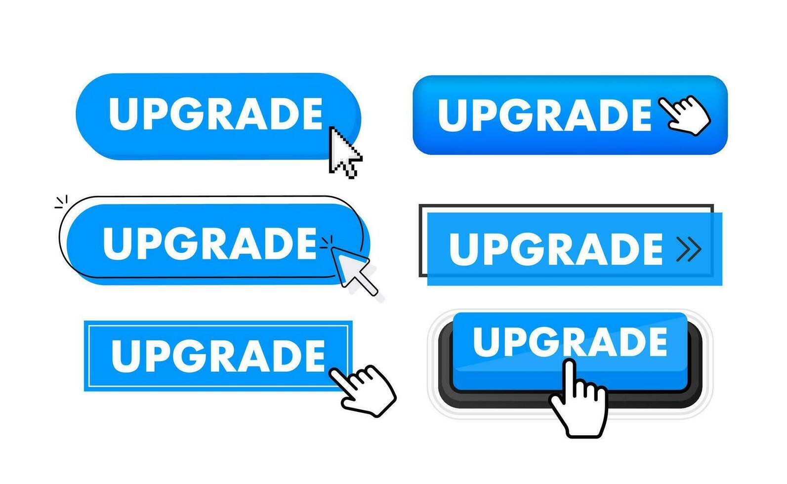 Set of upgrade button. Hand pointer clicking. Upgrade web buttons vector