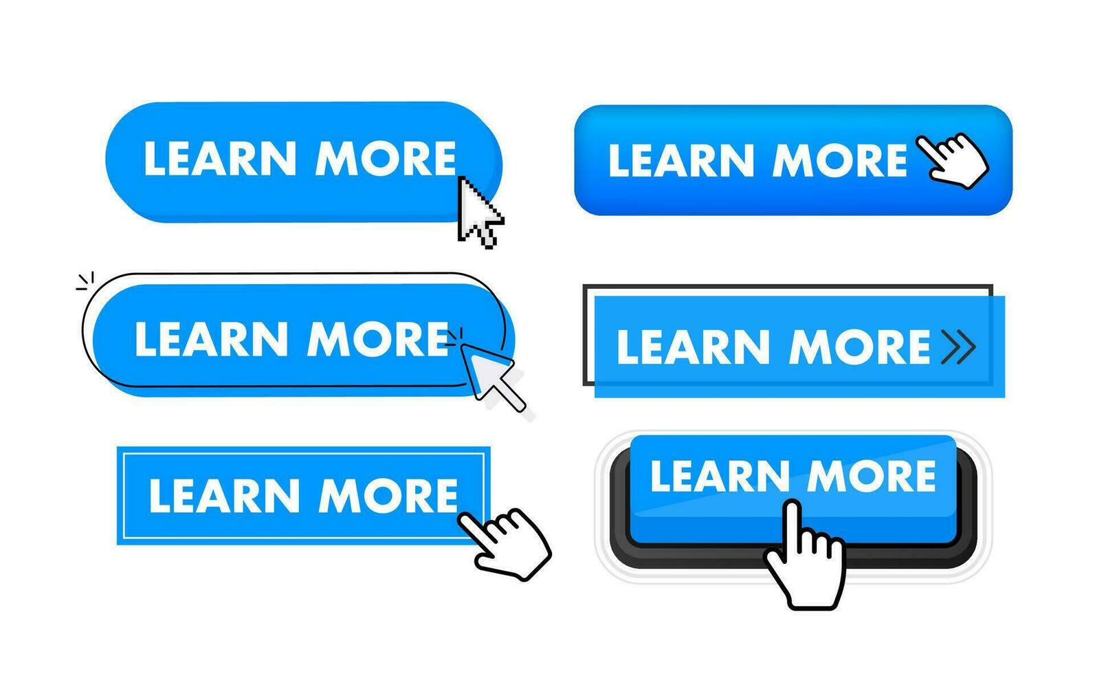 Set of Learn more button. Hand pointer clicking. Learn more web buttons vector