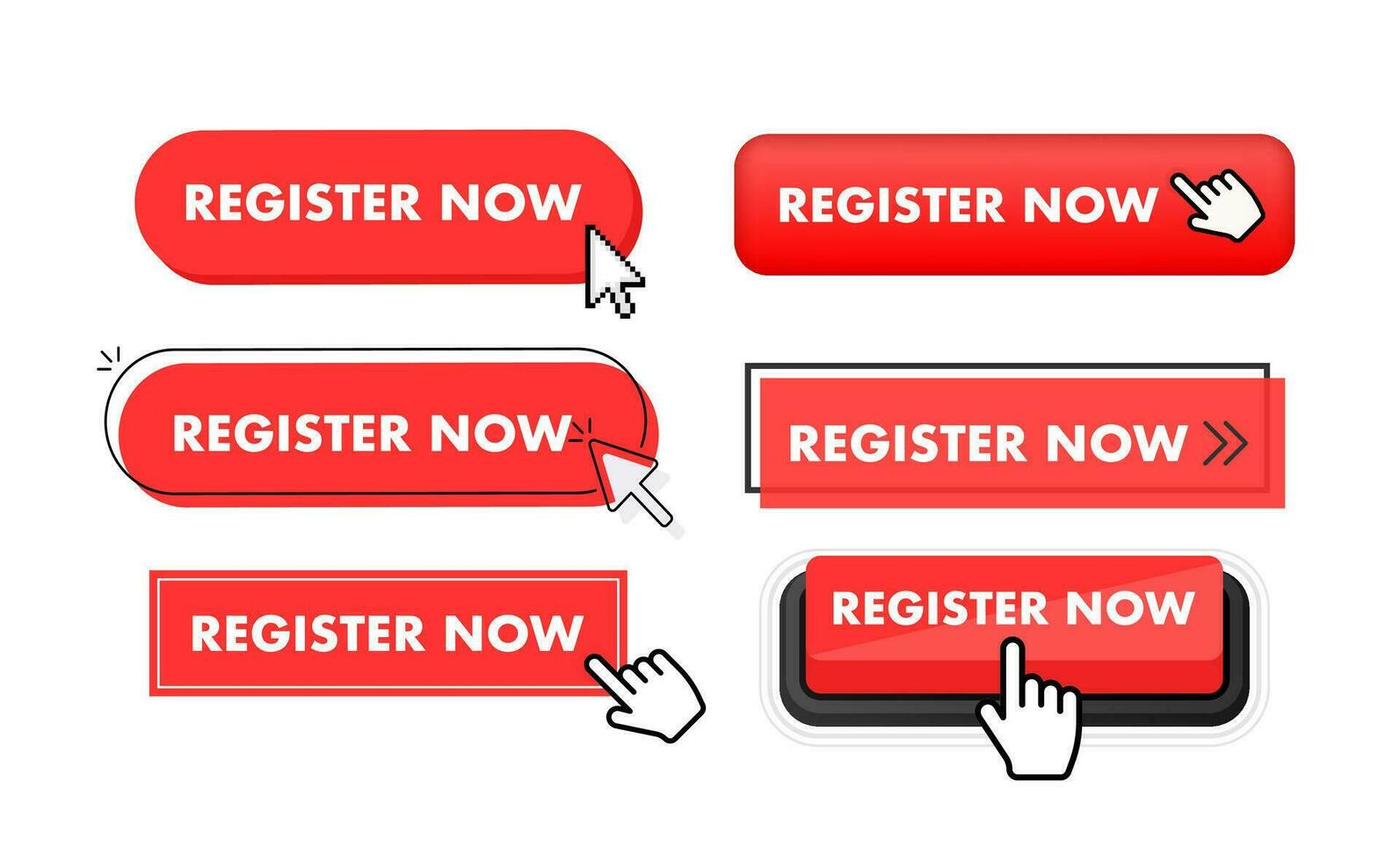 Set of Register now button. Hand pointer clicking. Register now web buttons vector