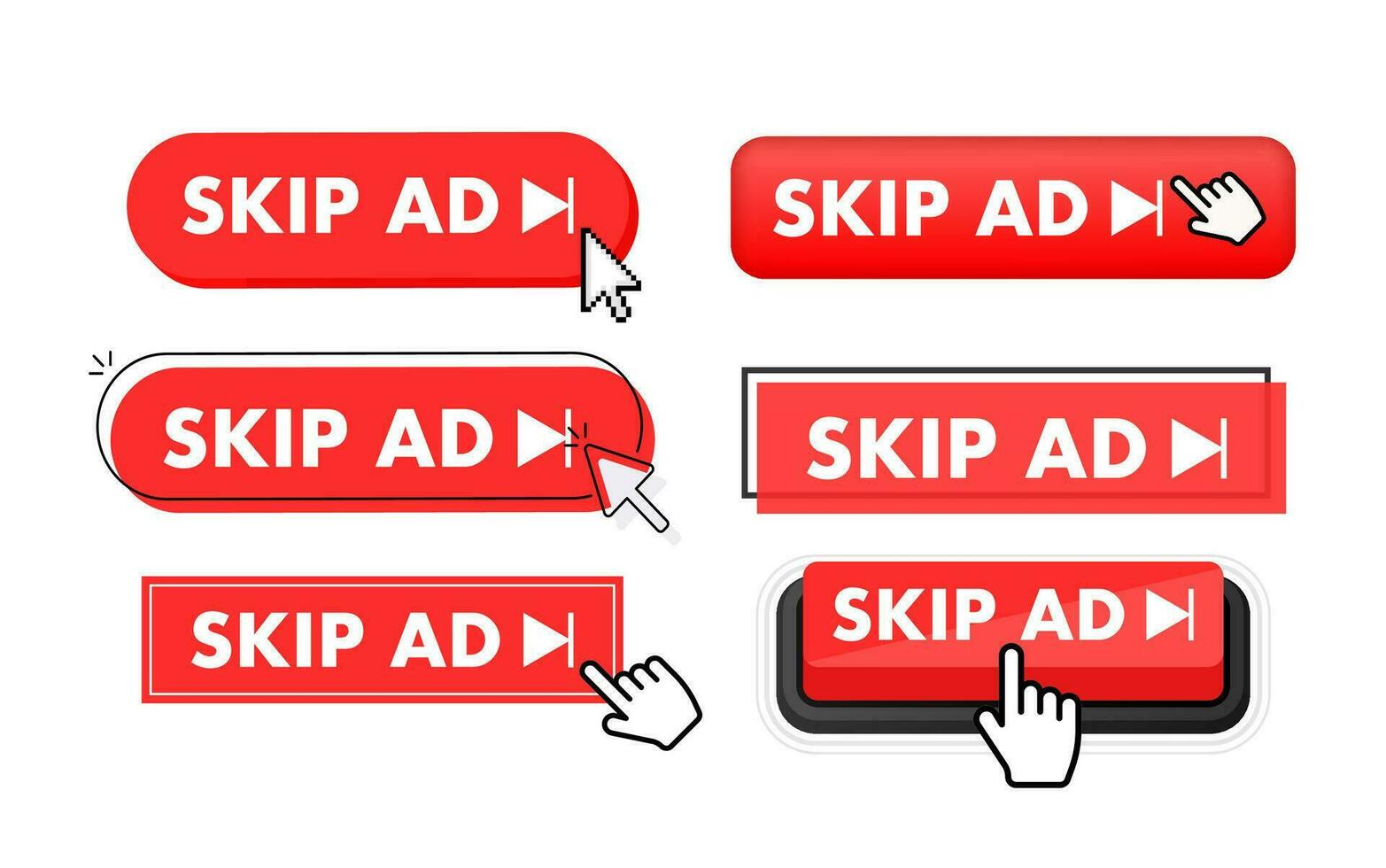 Set of Skip ad button. Hand pointer clicking. Skip ad web buttons vector