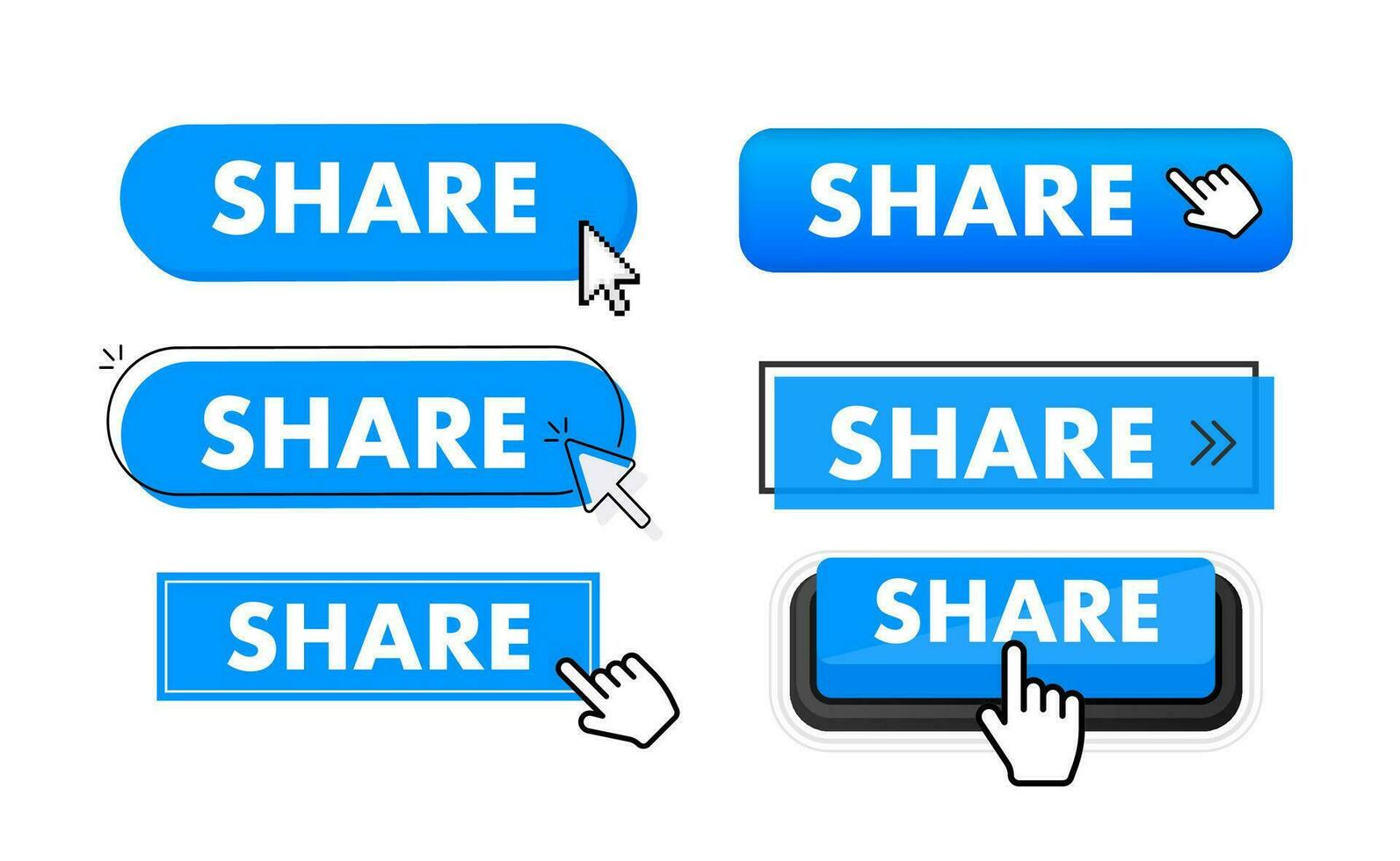 Set of Share button. Hand pointer clicking. Share web buttons vector