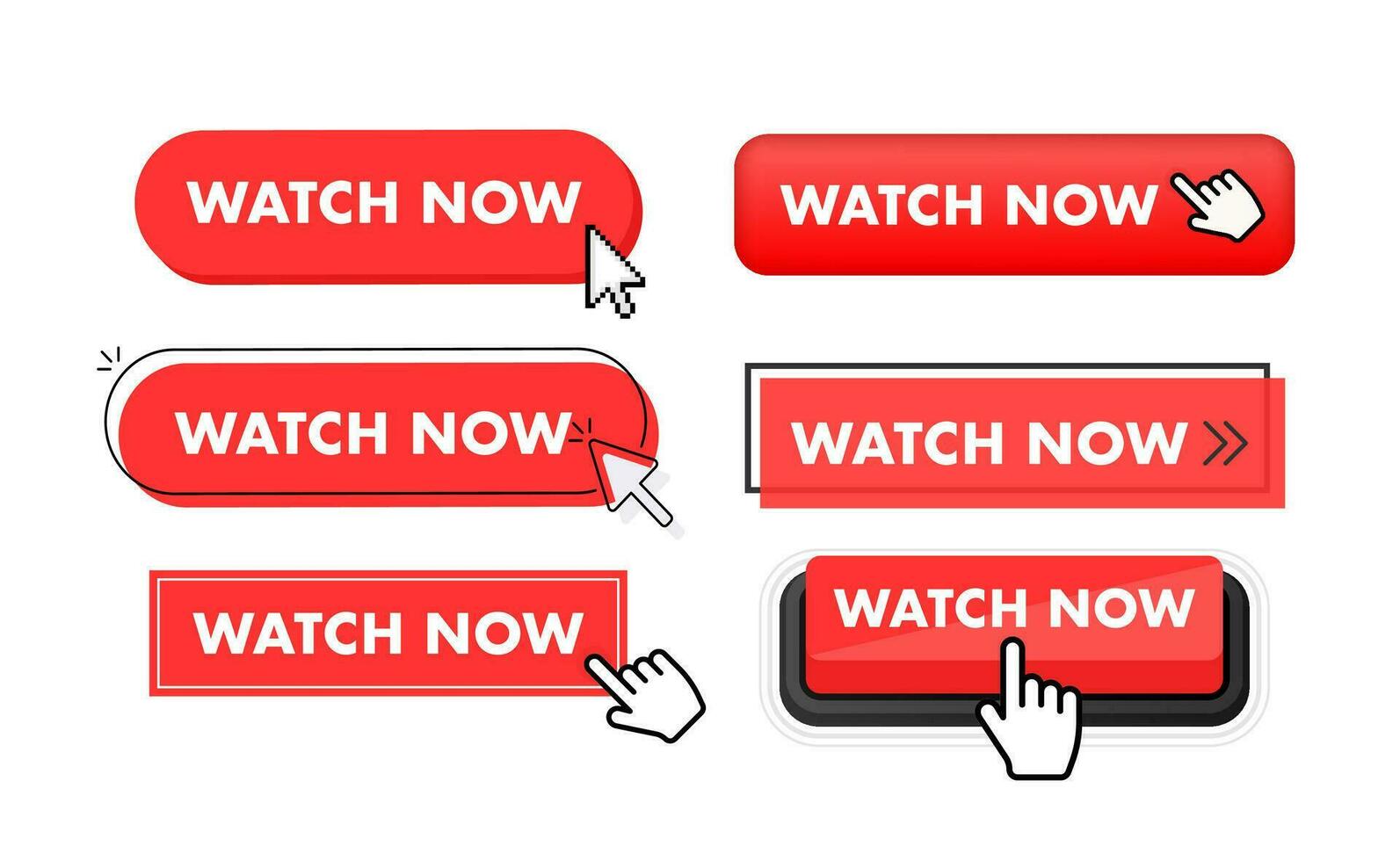 Set of Watch now button. Hand pointer clicking. Watch now web buttons vector