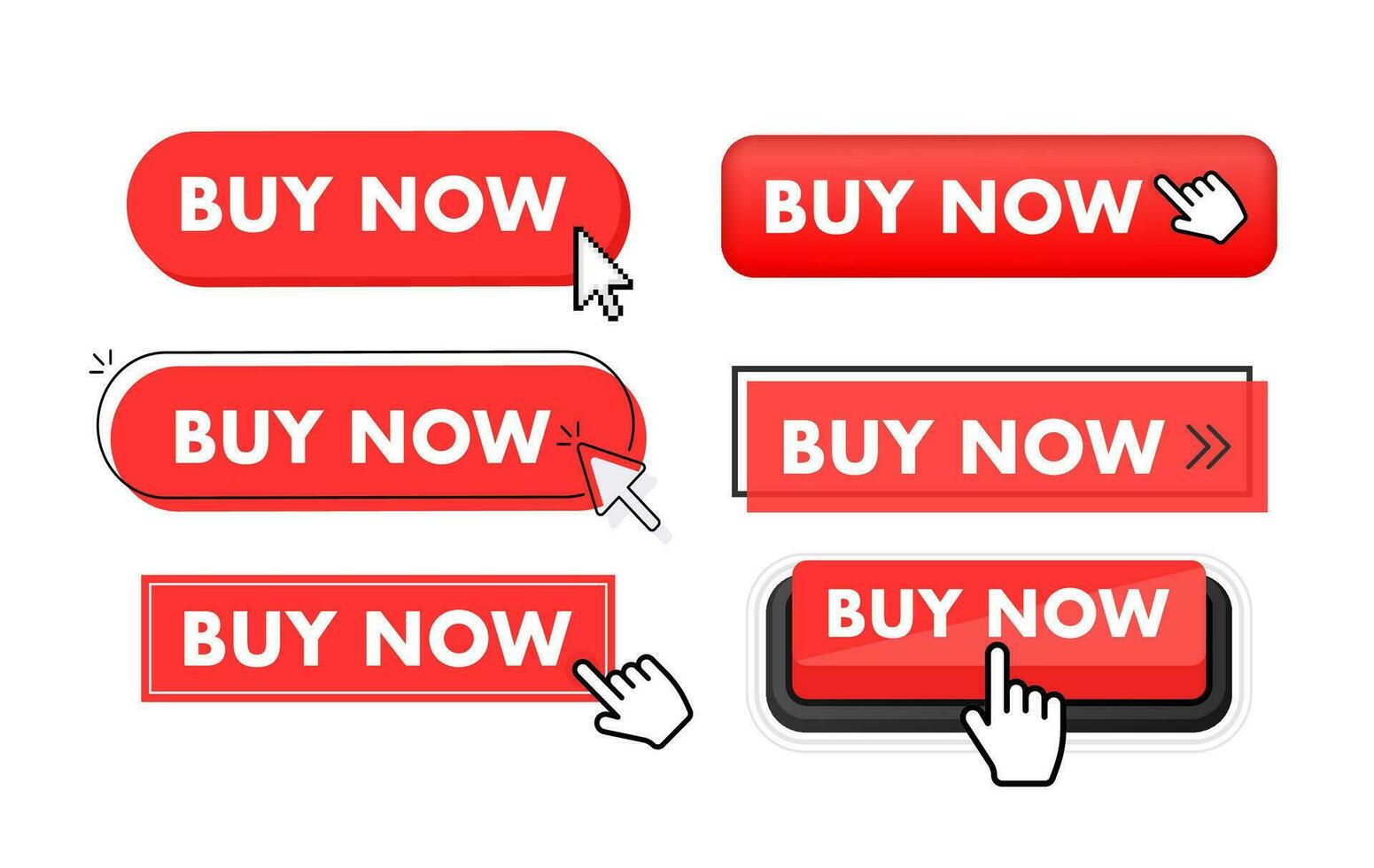 Set of buy now button. Hand pointer clicking. Buy now web buttons vector