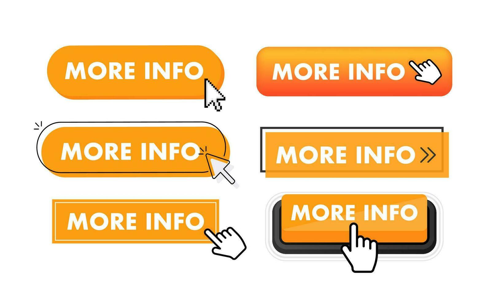 Set of more info button. Hand pointer clicking. More info web buttons vector