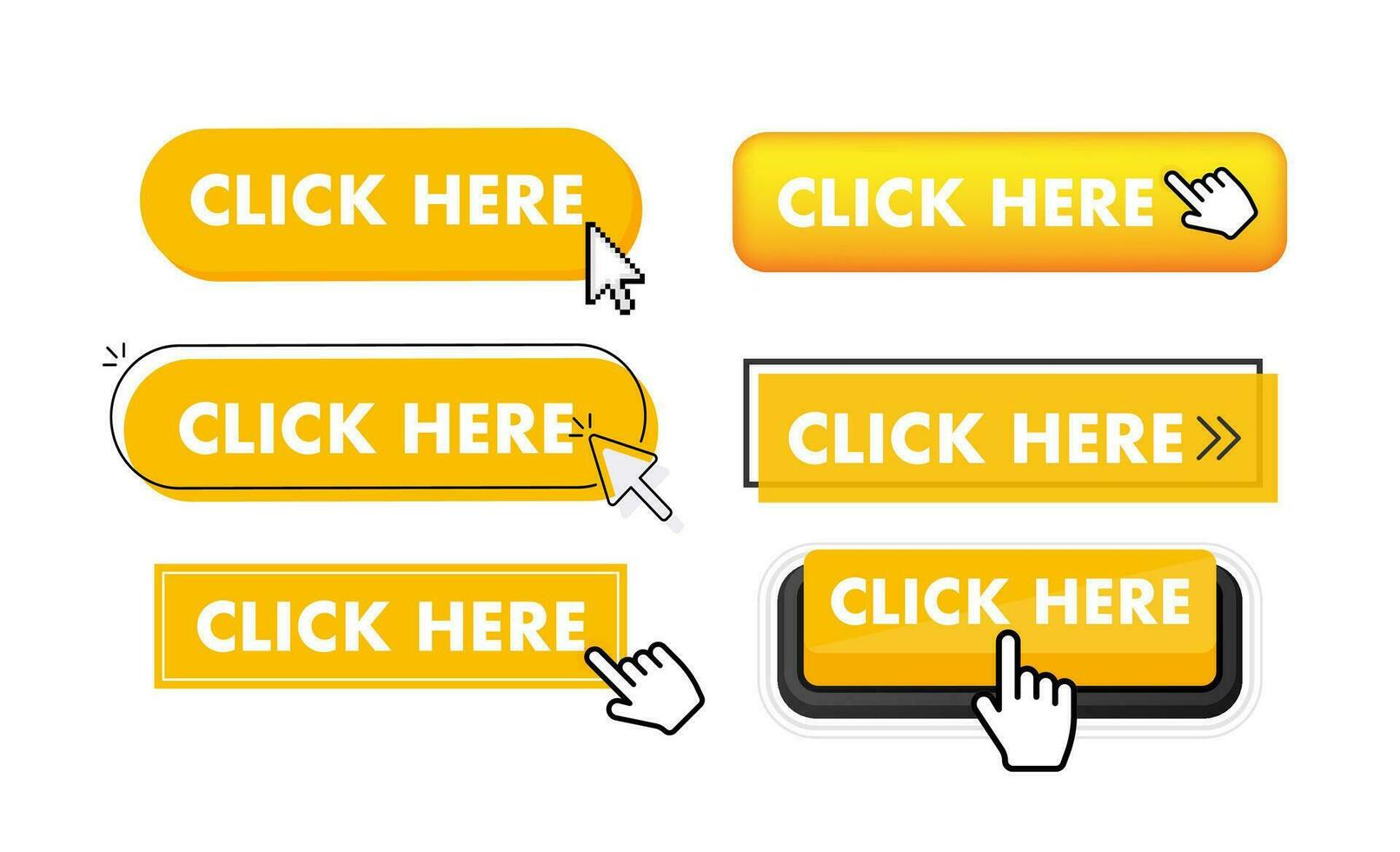Set of click here button. Hand pointer clicking. Click here web buttons vector