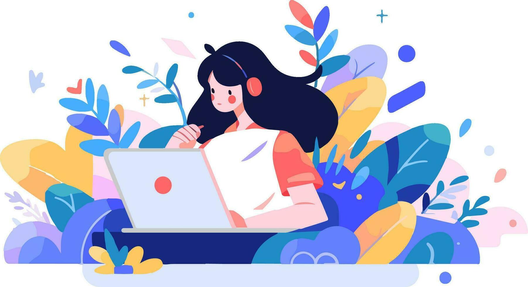 Girl with laptop in memphis style. Vector illustration