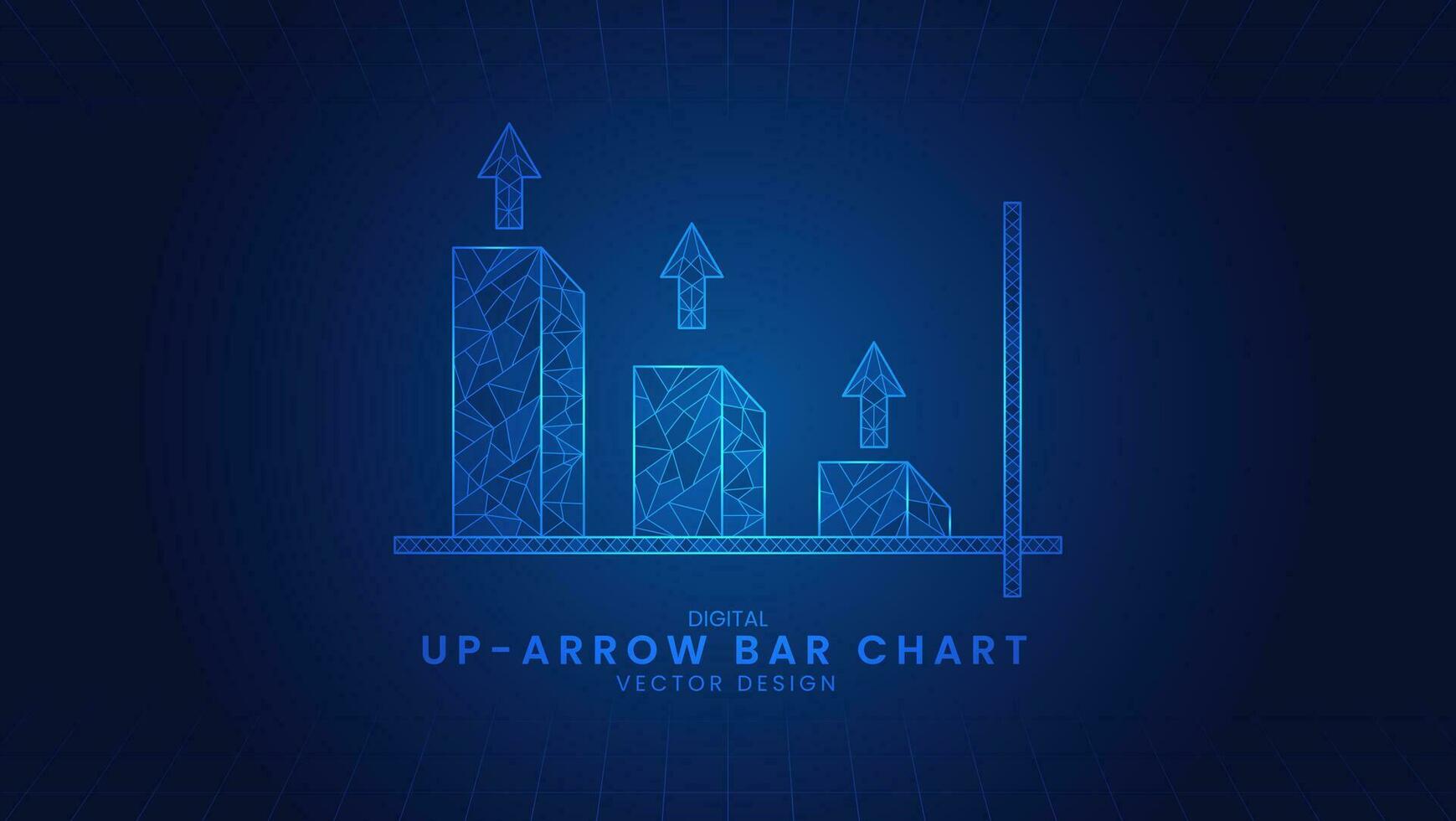 Bar chart with up arrow growing business. Investment graph to success, Market profit. Low Poly wireframe style Vector Illustration