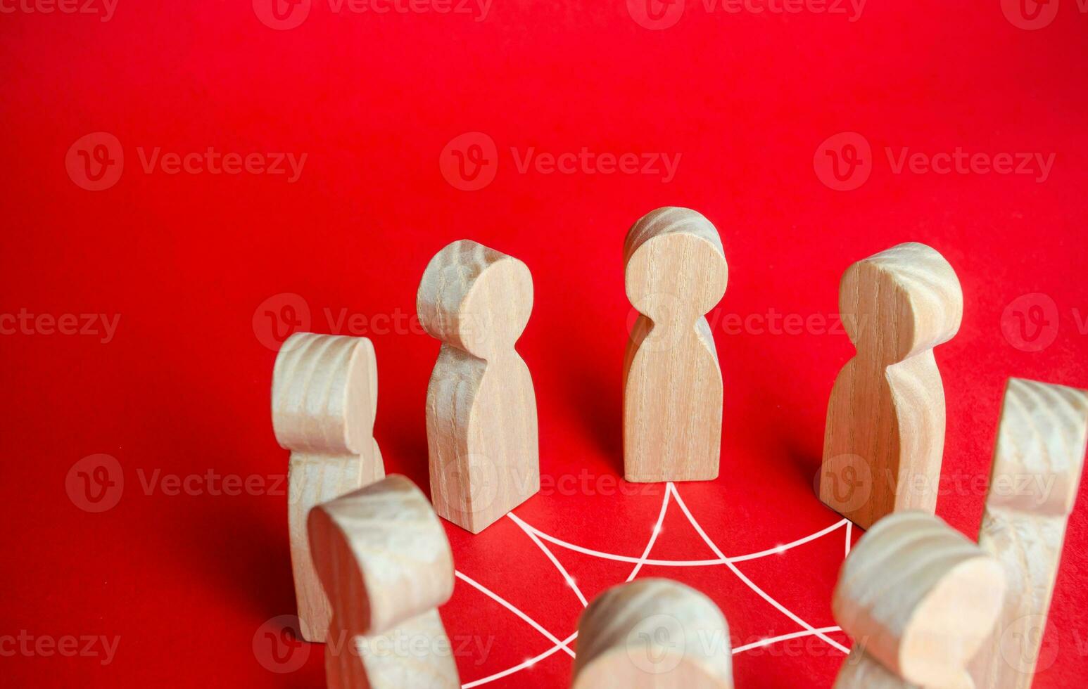 People in a circle connected by lines. Teamwork. Business meeting. Mutual relations. Cooperation in solving problems. Group therapy. Team interactions. Diplomacy, international cooperation. photo