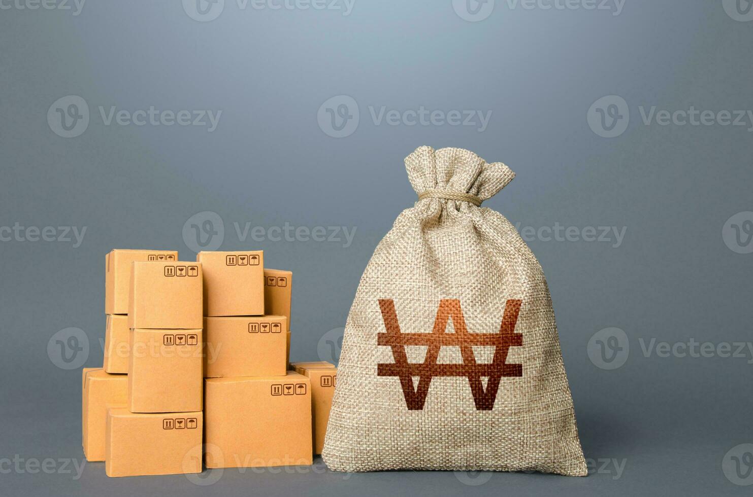 Boxes and south korean won money bag. The concept of trade in goods and production. Profit from trading. GDP economy. Import export. Warehousing logistics. Business industry. Delivering. photo