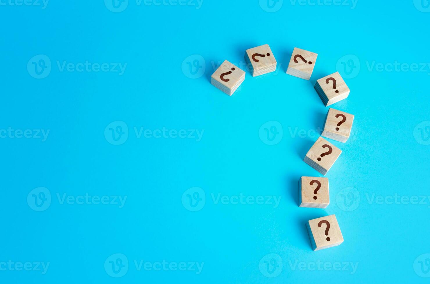 Large question mark made of blocks with question marks. Curiosity and exploration. Search an answer by facts. Analysis and generalization. Cooperation of forces for resolution. Induction and deduction photo