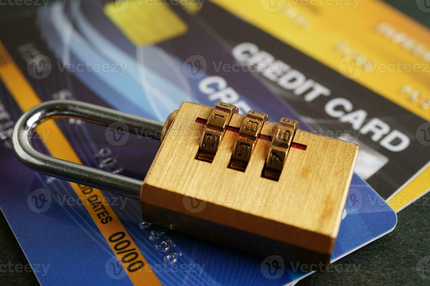 Credit card with password key lock, security finance business concept. photo