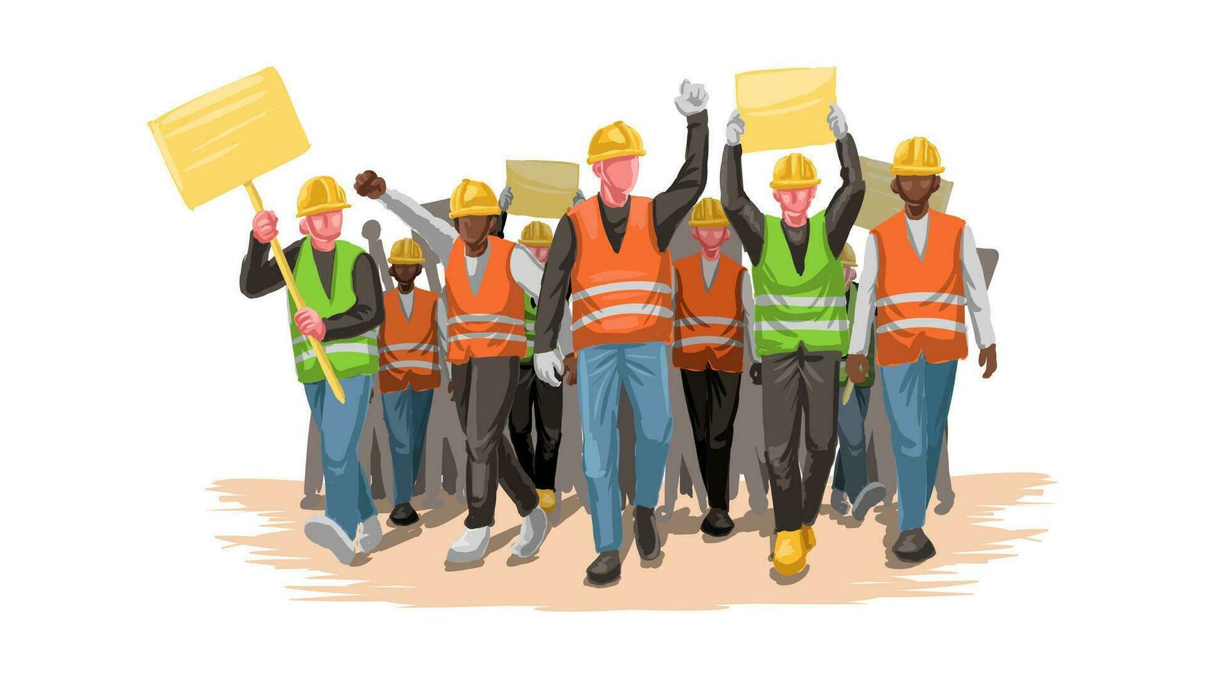 grupo de trabajadores vistiendo la seguridad casco de marcha en protesta Huelga actitud mano dibujado ilustración aislado en blanco vector