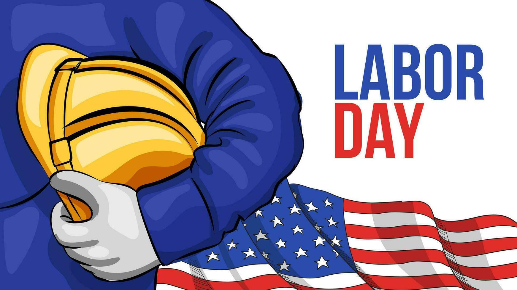 US Labor Day Cartoon Illustration Banner With Worker Holding Safety Helmet and American Flag Background vector