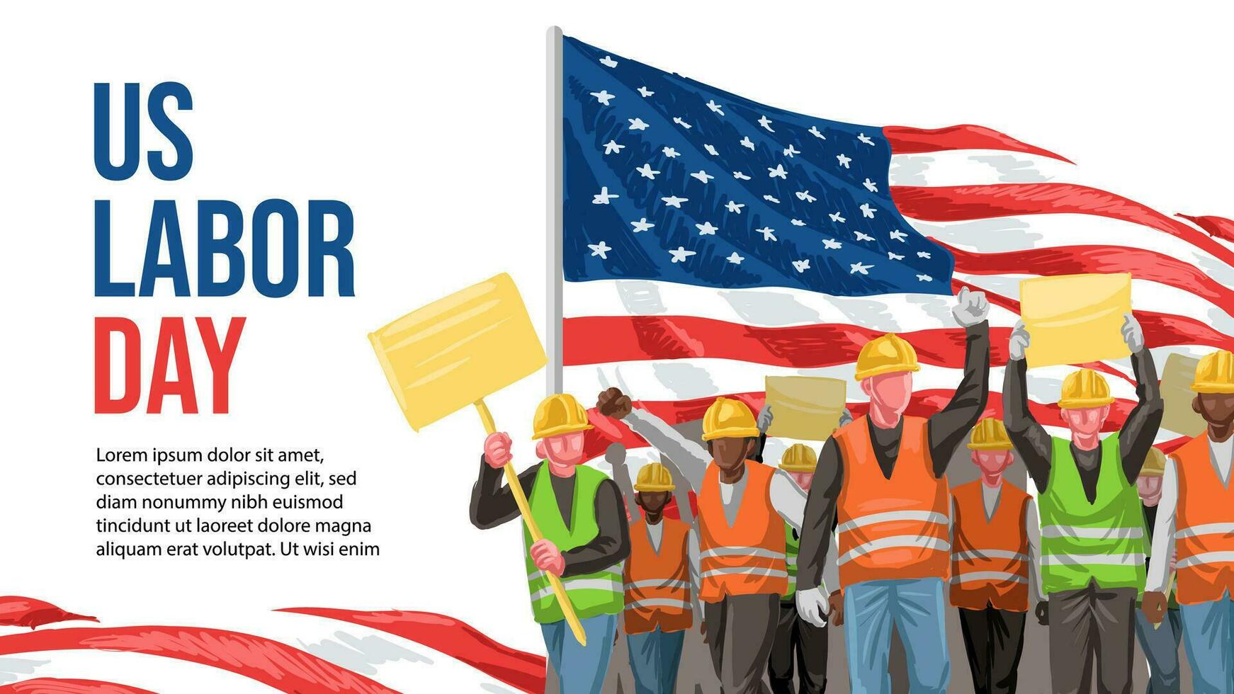 Labor Day banner with Group of Workers Wearing Safety Helmet Marching in Front of American Flag Background Hand Drawn Illustration vector