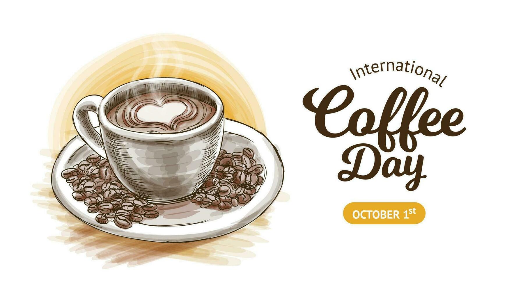 internacional café día bandera con mano dibujado ilustración y mano letras caligrafía logotipo vector