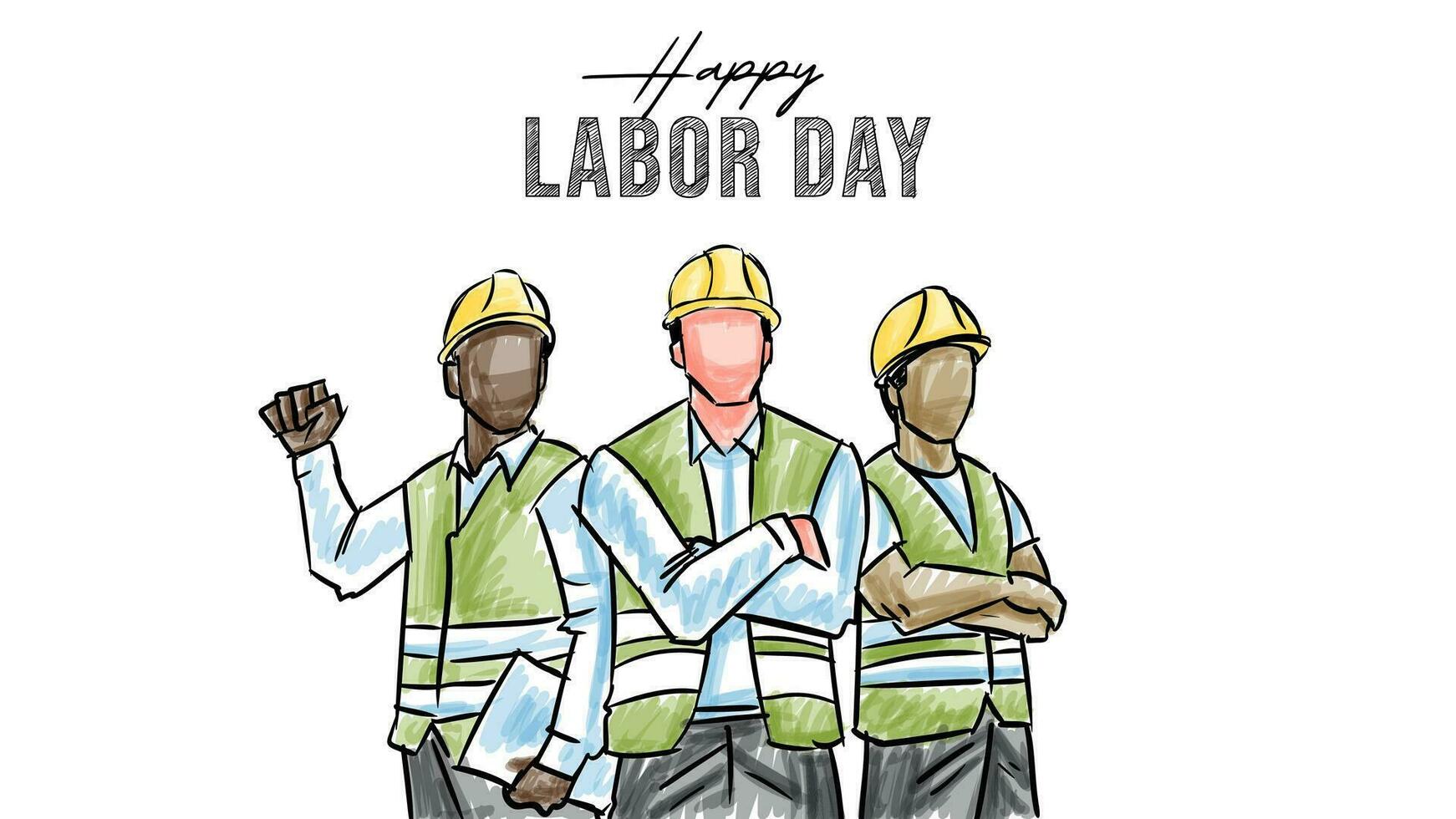 Labor Day banner with Group Multi Ethnic Workers Wearing Safety Helmet Hand Drawn Illustration vector