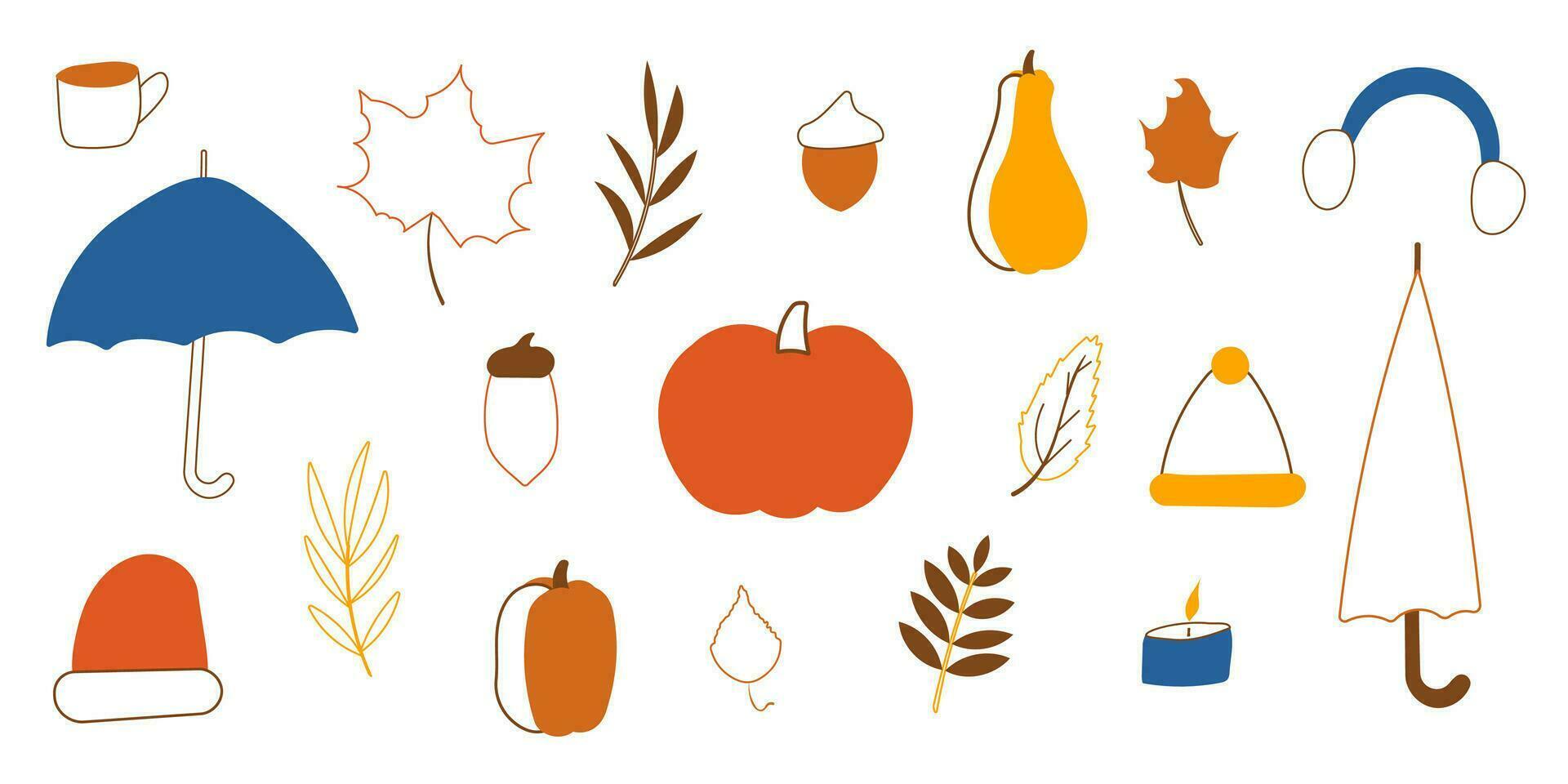 autumn pumpkin mushroom leaves set elements line vector