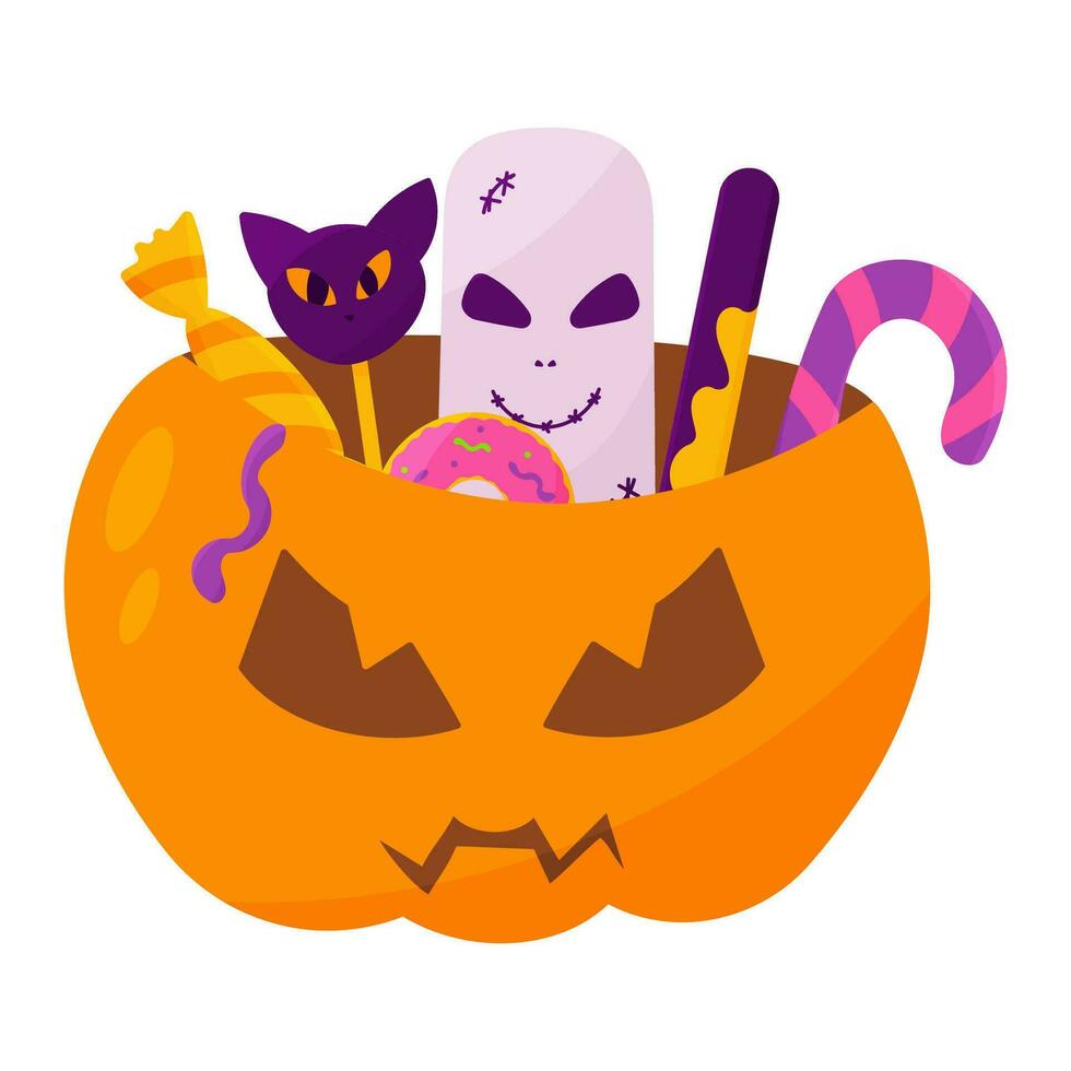 calabaza dulces Víspera de Todos los Santos conjunto cesta icono elemento vector