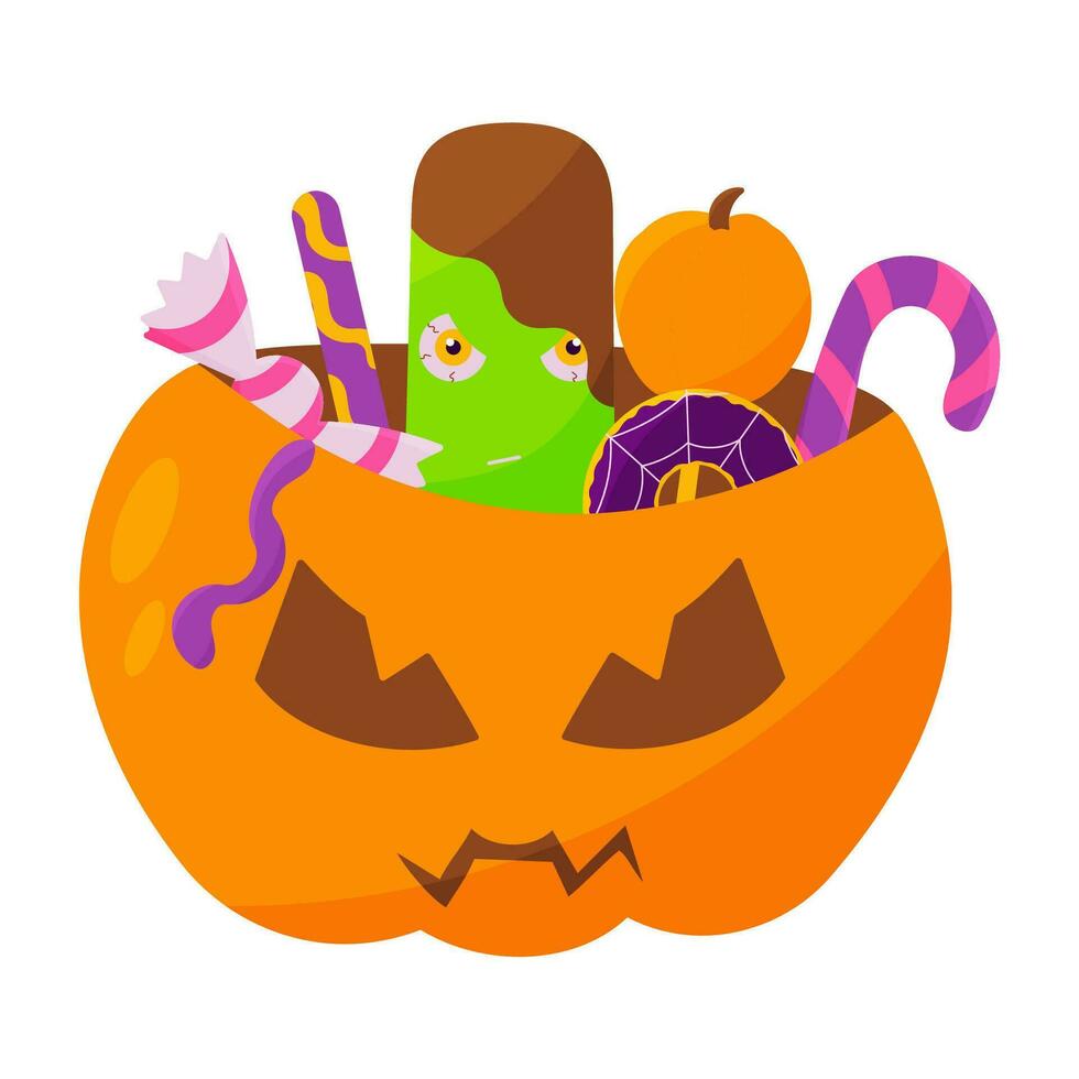 calabaza dulces Víspera de Todos los Santos conjunto cesta icono elemento vector