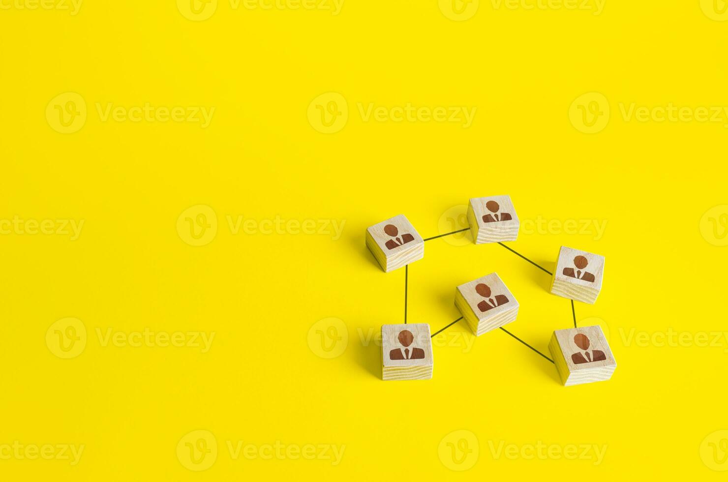 Blocks of people connected by lines. Communication and management. Joining efforts to participate in a business project. Involvement of specialists. Creation of a team. Employee network. Organization photo