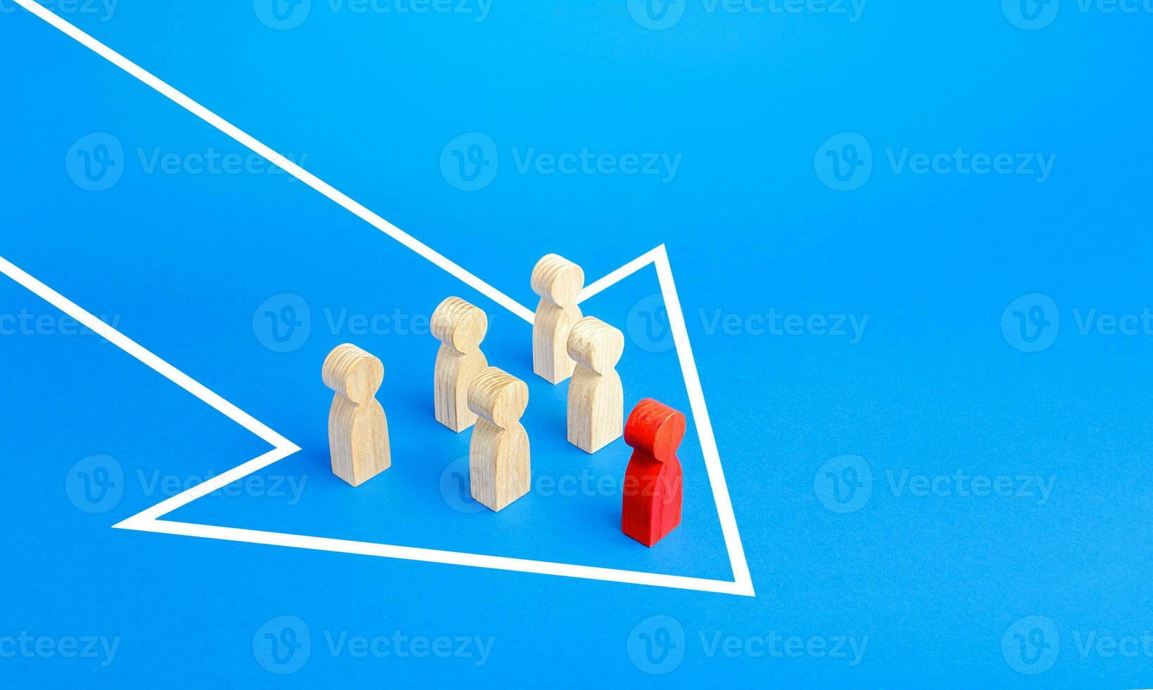 Figures of people under the leadership of leader moving in a single arrow direction. Follow the goal together. Organization cooperation. Teamwork. Discipline and consolidation. Aspirations photo