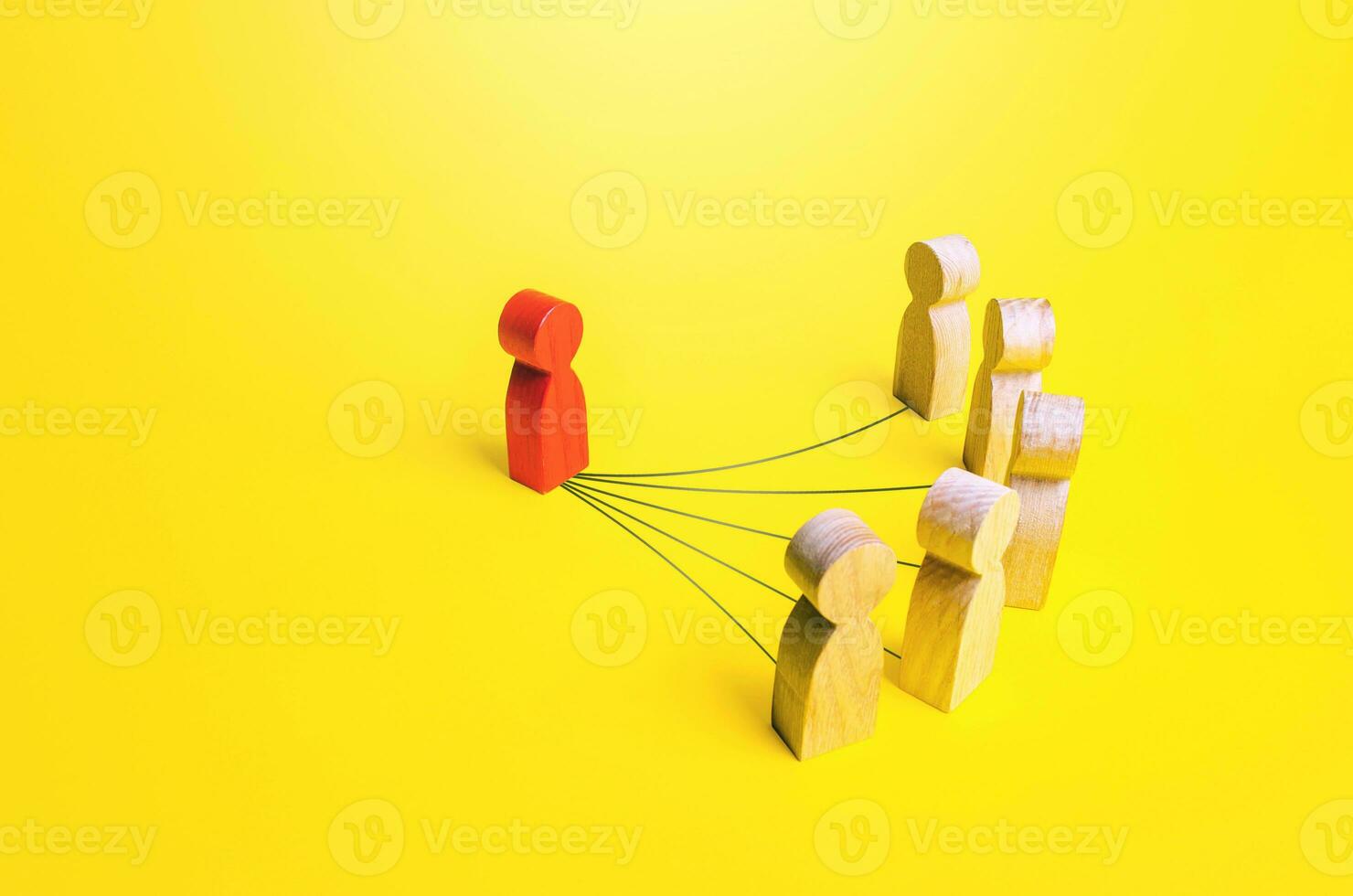 Red man connected by lines with people. Personnel management. subordination. Leadership skills. Mediator between people. Representative of interests. Education, exchange of experience. photo