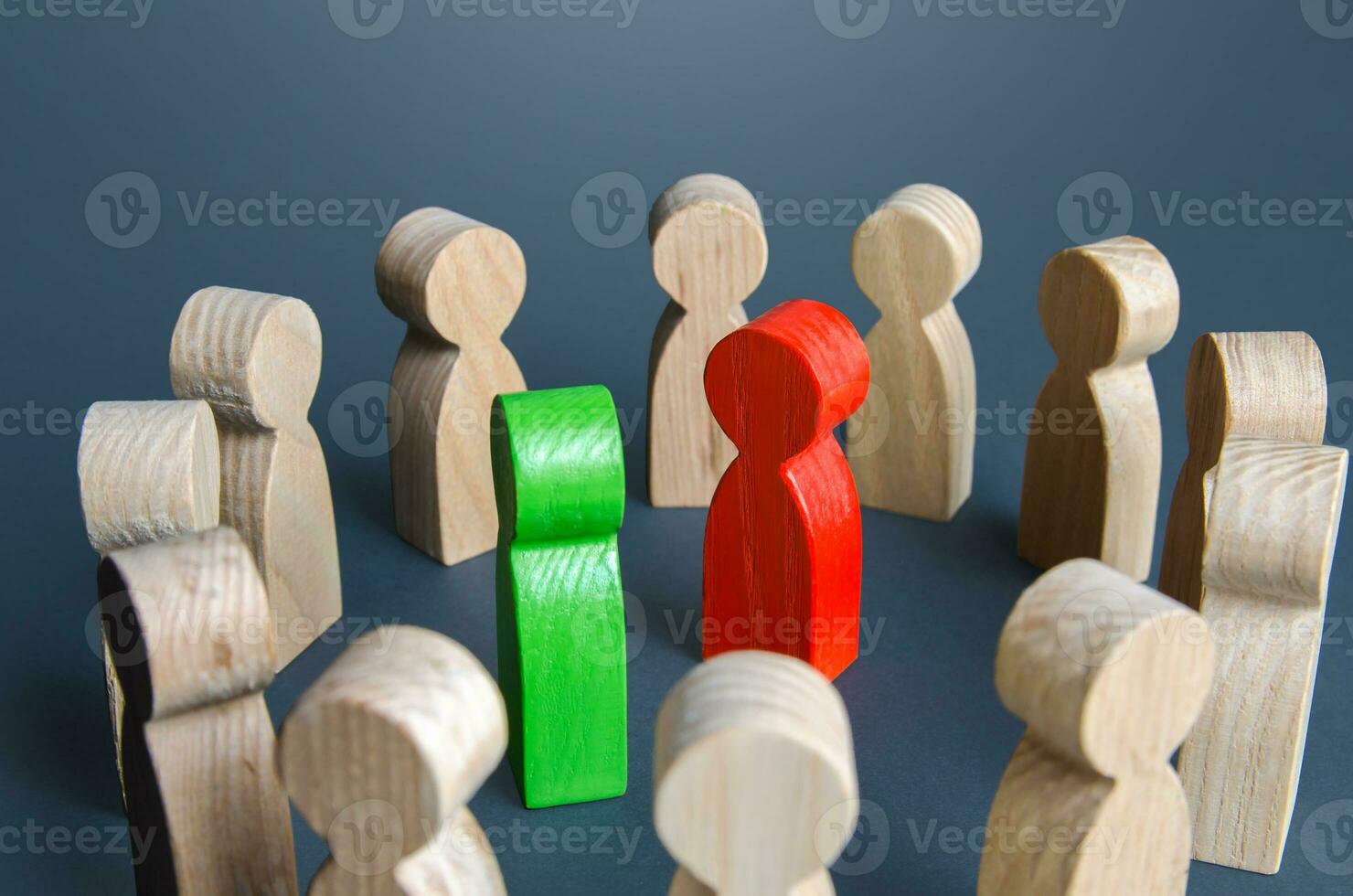 Conflicting people surrounded by spectators. Rivalry, struggle for leadership. Political debate. Public discussion. Competition for supremacy. Fight concept. Conflict resolution through negotiations. photo