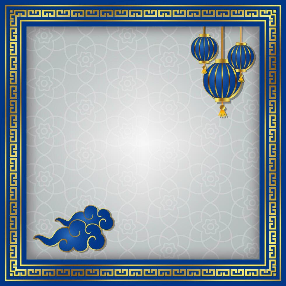 chinese new year square social media template oriental frame background blue and gold gong xi fa cai vector