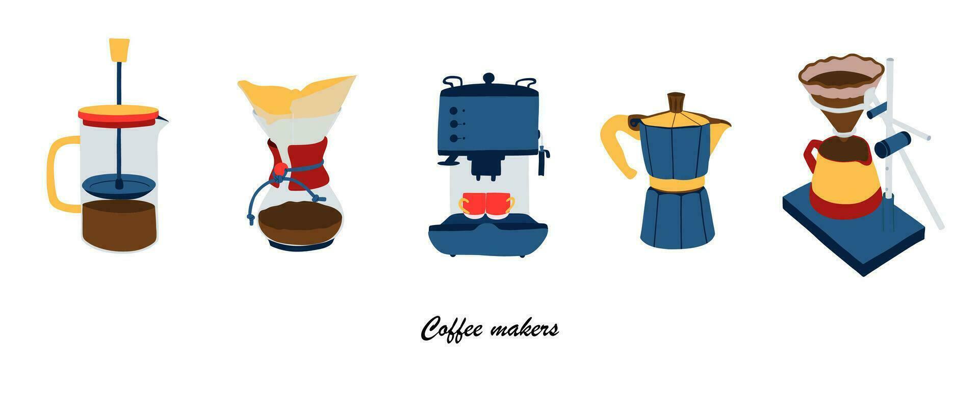 Collection of different various coffee makers. French press, drip, coffee machine, geyser, filter. Hand drawn vector illustration for coffeehouse