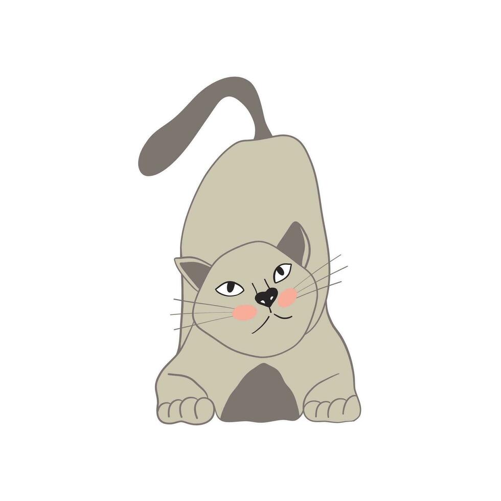 Grey cartoon cat. Domestic cat playing and going to jump. Isolated vector illustration